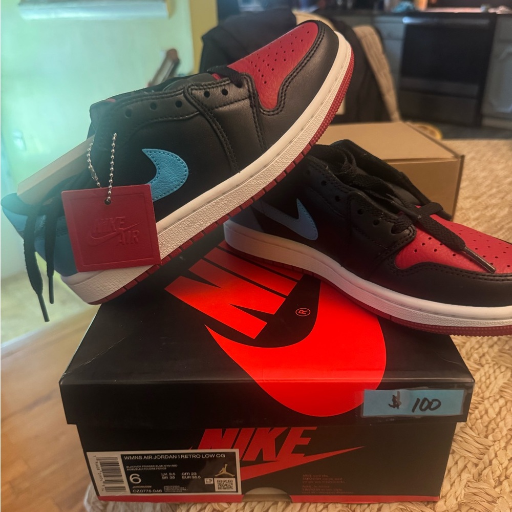 Nike Air Jordan 1 Low OG in Black, Red, and Blue sz 6 woman new in box